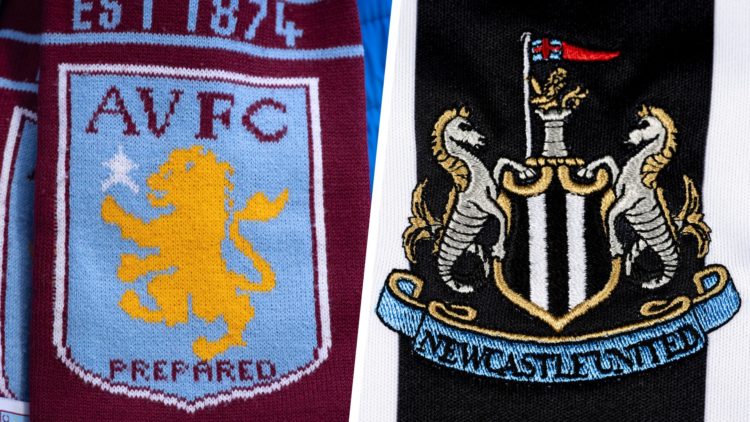 The official Aston Villa club badge on a scarf worn by a fan during the Premier League match between Aston Villa and Brentford FC. A detailed view ...
