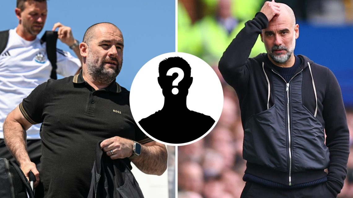 Split image of Newcastle United sporting director Paul Mitchell leaving a plane. Manchester City manager Pep Guardiola is on the touchline at Goodi...