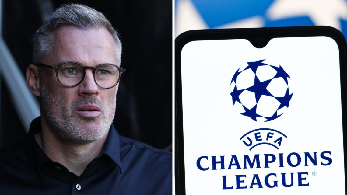 Jamie Carragher watching Liverpool, Champions League logo on a phone screen