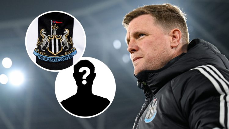 Newcastle United Head Coach Eddie Howe looks on during the Premier League match between West Ham United FC and Newcastle United FC: Inset, a myster...