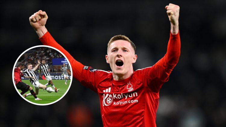 Elliot Anderson celebrates for Nottingham Forest, Elliot Anderson playing for Newcastle United in the Champions League