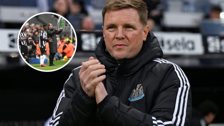 Amadou Diallo (l) and Michael Ndiweni of Newcastle United wait to take to the field for their home league debuts during the Premier League match be...