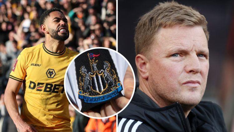 Matheus Cunha playing for Wolves, Newcastle United badge, Eddie Howe managing Newcastle United