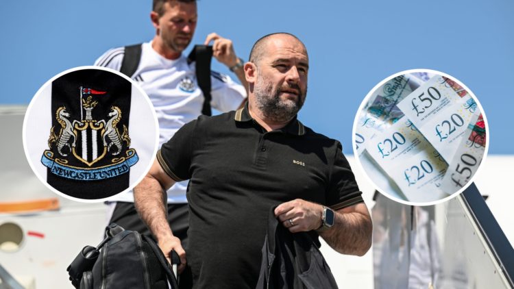 Newcastle United sporting director Paul Mitchell exits a plane, Newcastle United badge, British bank notes