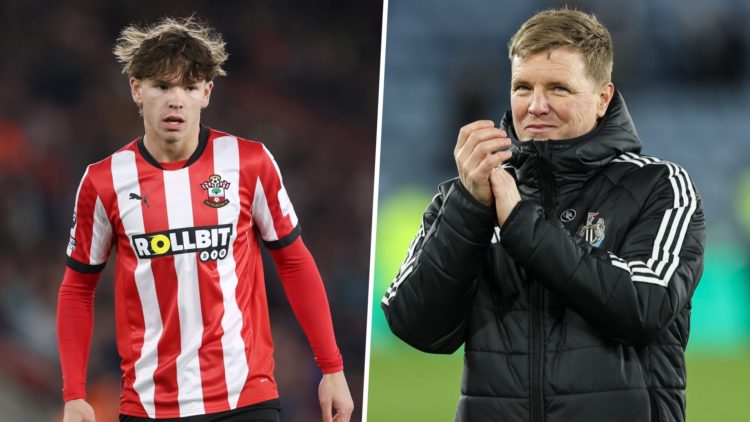 Tyler Dibling playing for Southampton, Eddie Howe applauds Newcastle United fans