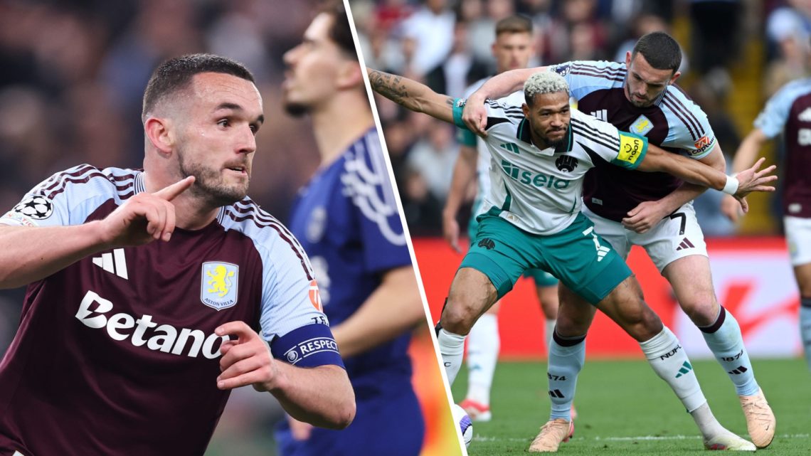 John McGinn celebrates scoring against PSG, John McGinn and Joelinton battle for the ball