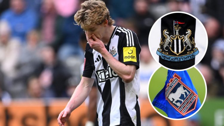 Anthony Gordon reacts to being sent off, Newcastle United badge, Ipswich Town badge