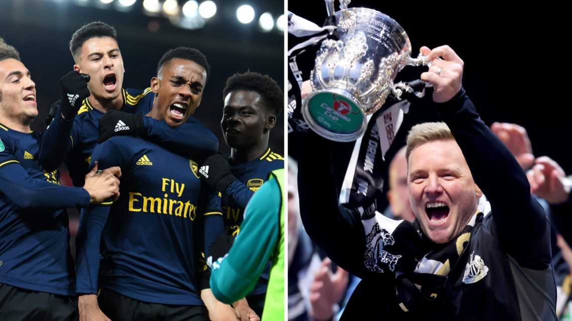 Joe Willock celebrates scoring for Arsenal, Eddie Howe lifts the Carabao Cup