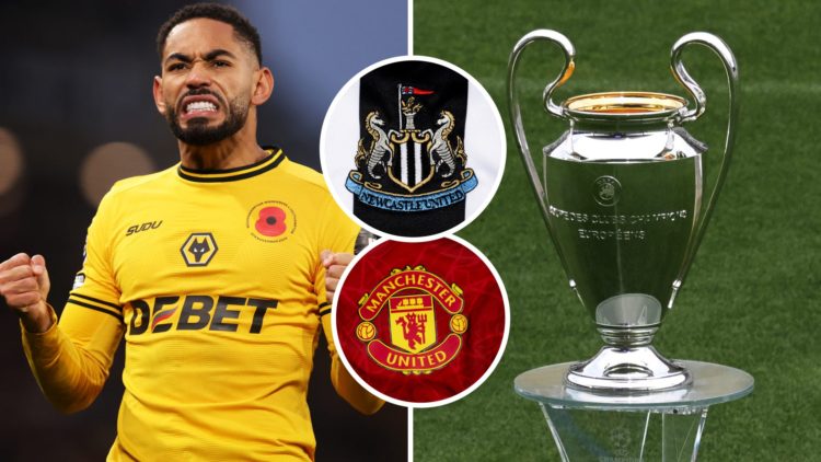 Matheus Cunha celebrates for Wolves, Champions League trophy, Newcastle United badge, Manchester United badge