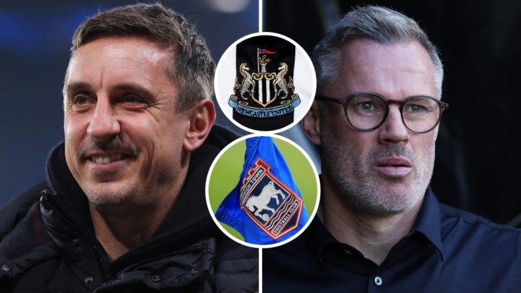 Gary Neville doing punditry, Jamie Carragher doing punditry, Newcastle United badge, Ipswich Town badge