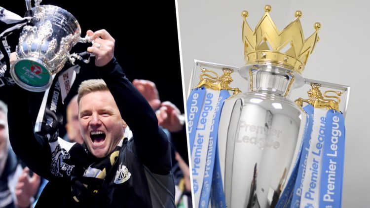 Eddie Howe celebrates with the Carabao Cup, general view of the Premier League trophy