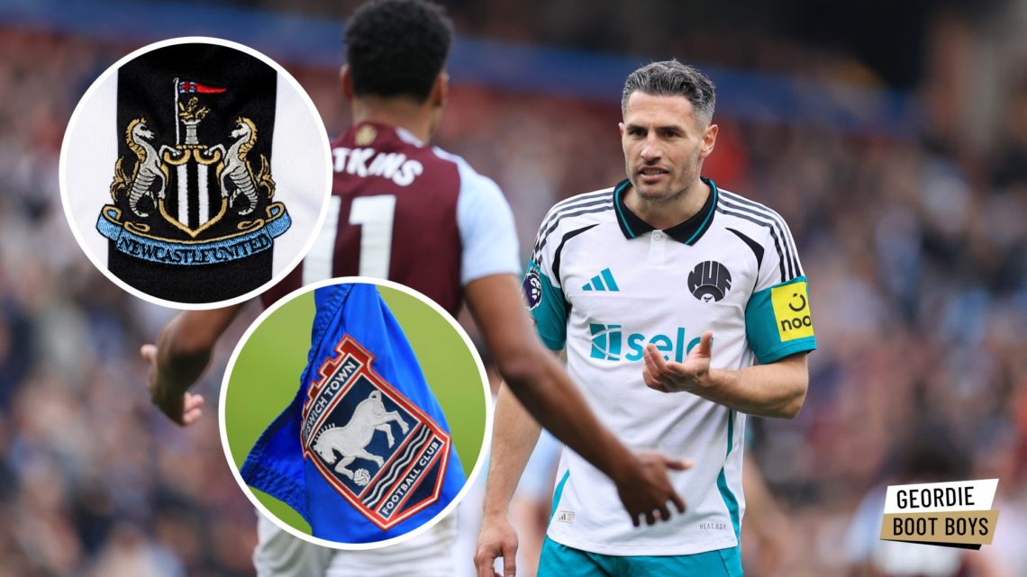 Fabian Schar playing for Newcastle against Aston Villa, Newcastle United badge, Ipswich Town badge