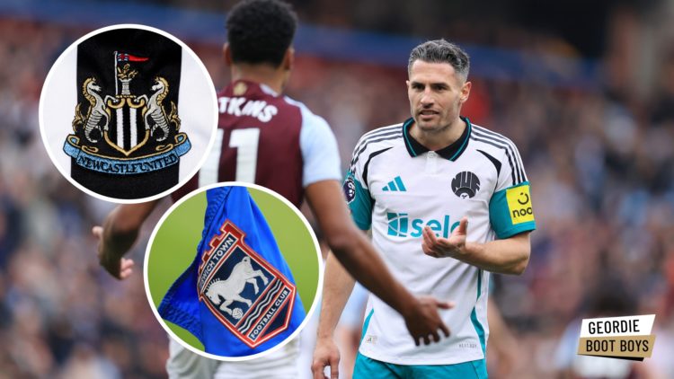 Fabian Schar playing for Newcastle against Aston Villa, Newcastle United badge, Ipswich Town badge