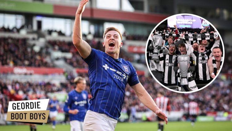 Liam Delap celebrates scoring for Ipswich Town, Newcastle United fans celebrate