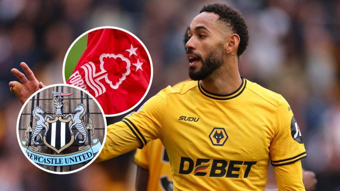 Matheus Cunha playing for Wolves, Newcastle United badge, Nottingham Forest badge