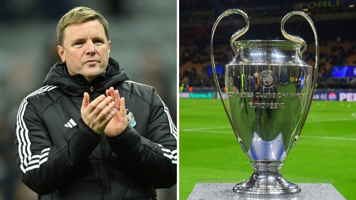 Eddie Howe applauds Newcastle United fans, general view of Champions League trophy