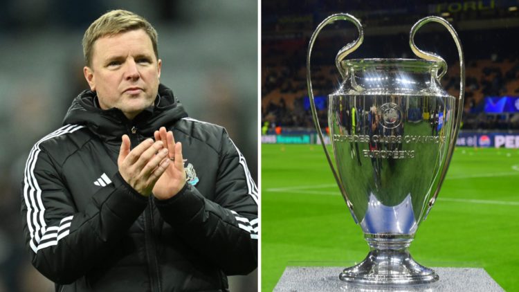 Eddie Howe applauds Newcastle United fans, general view of Champions League trophy