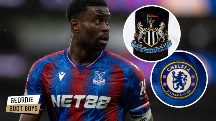 Marc Guehi playing for Crystal Palace, Newcastle United badge, Chelsea badge