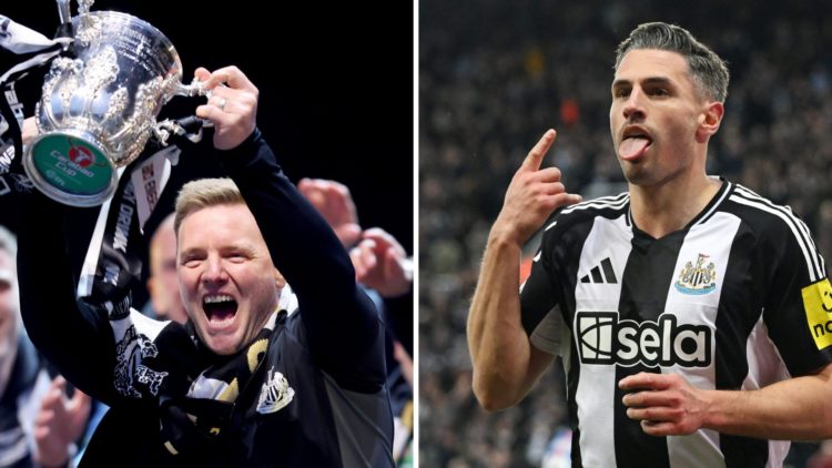Eddie Howe celebrates with the Carabao Cup trophy, Fabian Schar celebrates scoring for Newcastle United