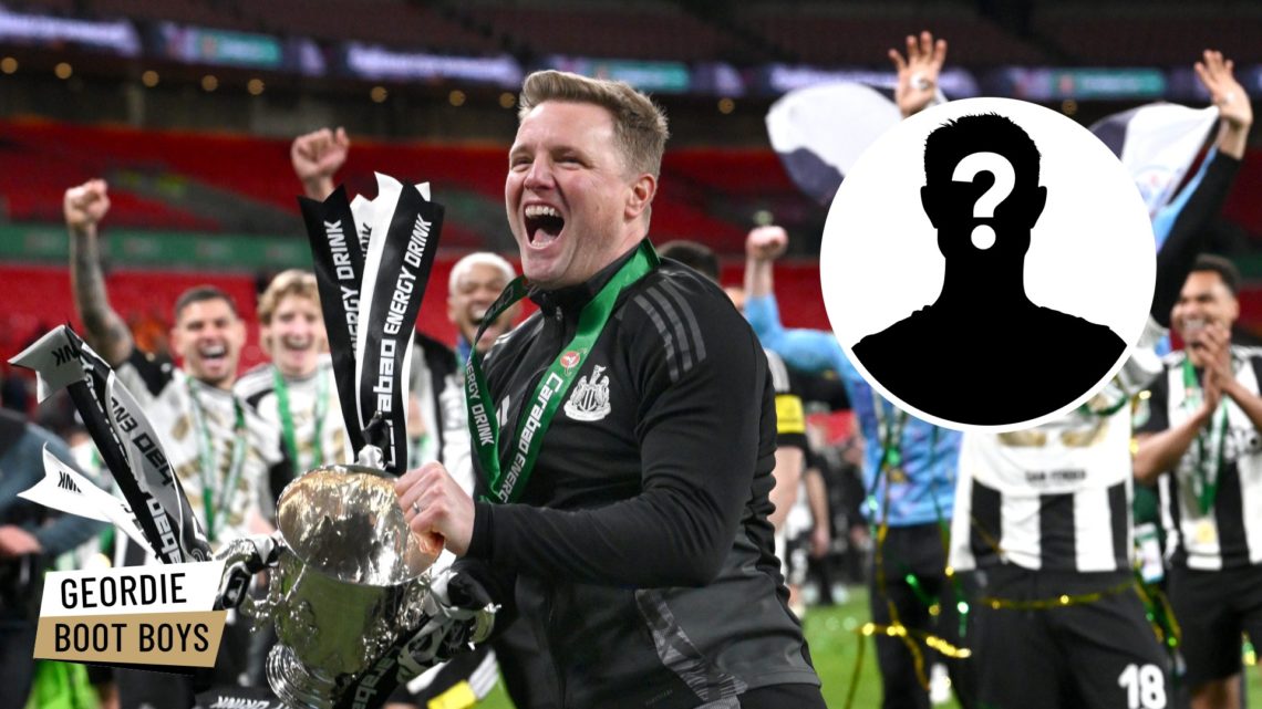 Eddie Howe celebrates with the Carabao Cup trophy at Wembley, mystery player