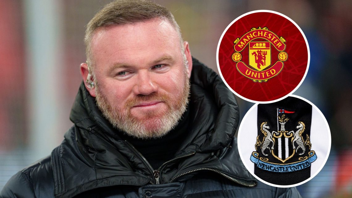 Wayne Rooney doing punditry, Newcastle United badge, Manchester United badge