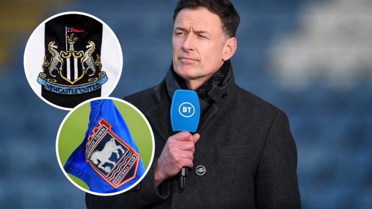 Chris Sutton doing punditry, Newcastle United badge, Ipswich Town badge