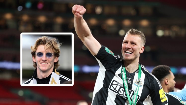Dan Burn celebrates at Wembley. Inset: Anthony Gordon at Newcastle's parade.