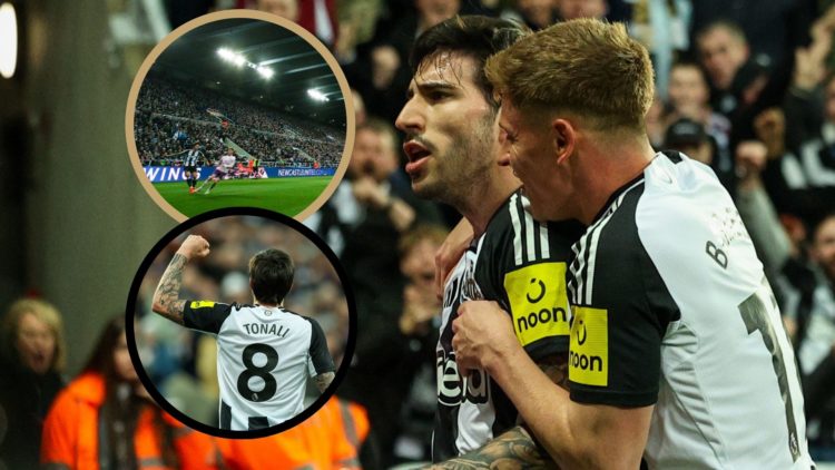 Sandro Tonali celebrates with Harvey Barnes. Insets: Tonali celebrates, Tonali shoots.