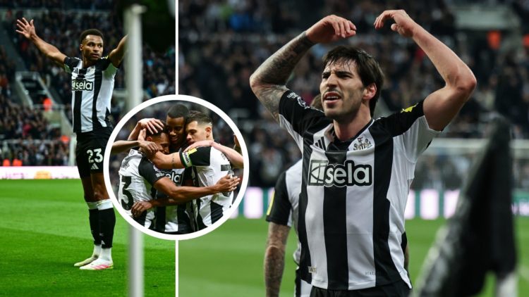 Collage of Newcastle's Sandro Tonali, Jacob Murphy and Alexander Isak celerating.