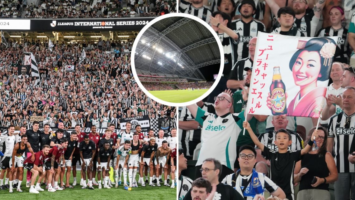 Collage of Newcastle players and fans in Japan. Inset: Singapore International Stadium.
