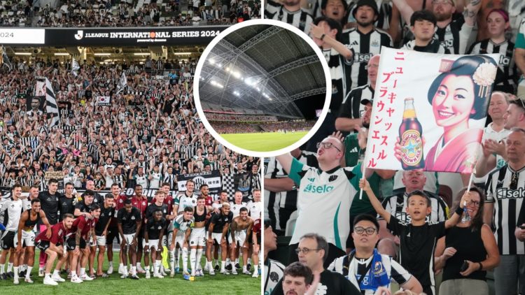 Collage of Newcastle players and fans in Japan. Inset: Singapore International Stadium.