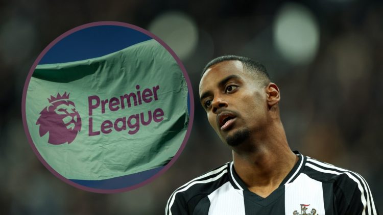 Alexander Isak looks annoyed. Inset: Premier League logo on a flag.