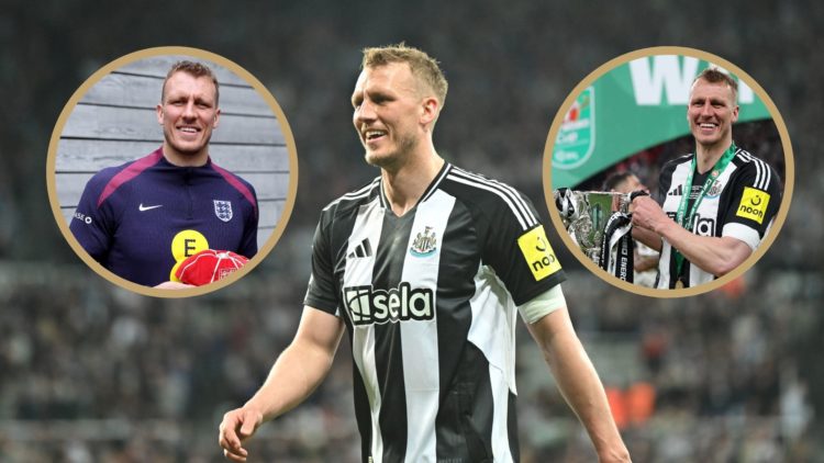 Collage of Newcastle United defender Dan Burn. Insets: Burn with England cap (L) and Burn with Carabao Cup (R).