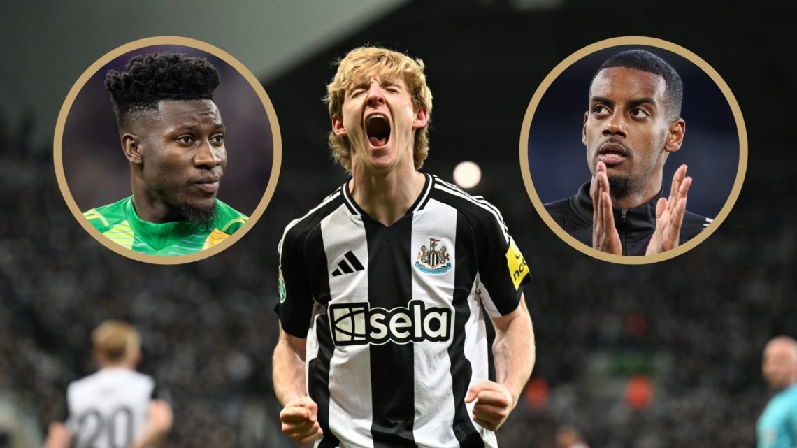 Anthony Gordon screams in celebration for Newcastle. Insets: Andre Onana of Man Utd and Alexander Isak.
