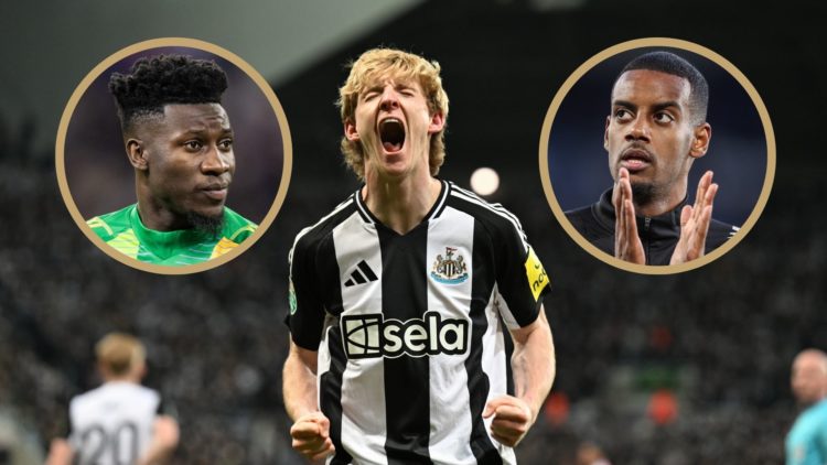 Anthony Gordon screams in celebration for Newcastle. Insets: Andre Onana of Man Utd and Alexander Isak.