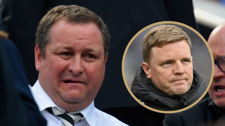 Mike Ashley watching Newcastle United in 2015. Inset: Manager Eddie Howe.