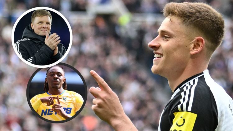 Harvey Barnes celebrates a goal against Manchester United. Insets: Eddie Howe applauds fans, Eberechi Eze celebrates a goal.