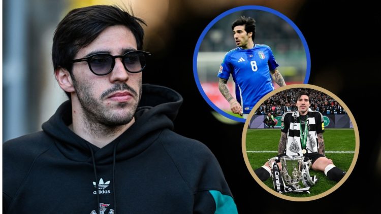 Sandro Tonali wearing sun glasses. Insets: Tonali playing for Italy and celebrating with the Carabao Cup trophy.
