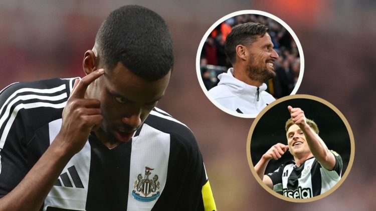 Alexander Isak celebrates his Newcastle goal vs Crystal Palace. Insets: Jason Tindall smiling and Harvey Barnes celebrates.