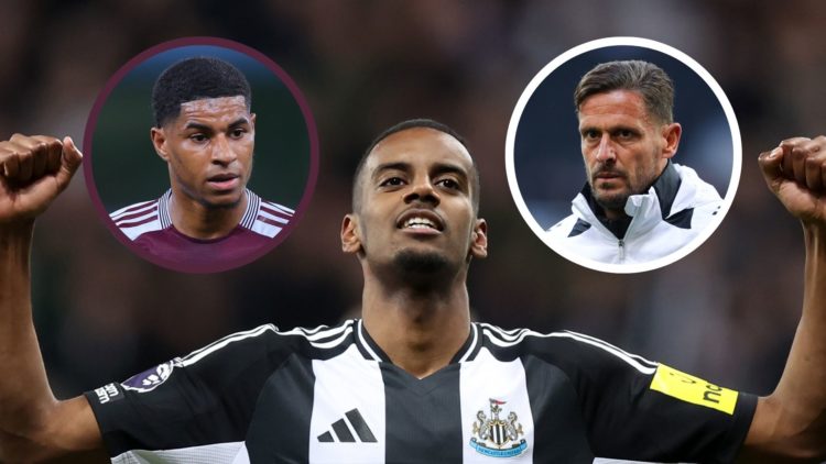 Alexander Isak celebrates his goal for Newcastle. Insets: Marcus Rashford (L) and Jason Tindall (R).