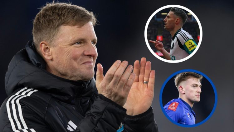 Newcastle manager Eddie Howe applauds fans. Insets: Fabian Schar and Liam Delap.