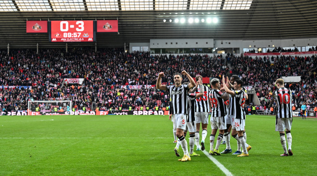 Newcastle United players celebrate Alexander Isak's goal against Sunderland in the FA Cup.
