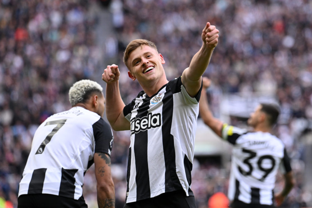 Harvey Barnes celebrates after scoring for Newcastle against Manchester United