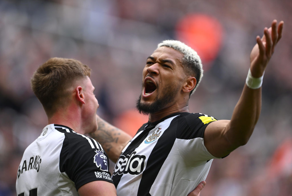 Harvey Barnes of Newcastle United celebrates scoring his team's third goal with teammate Joelinton