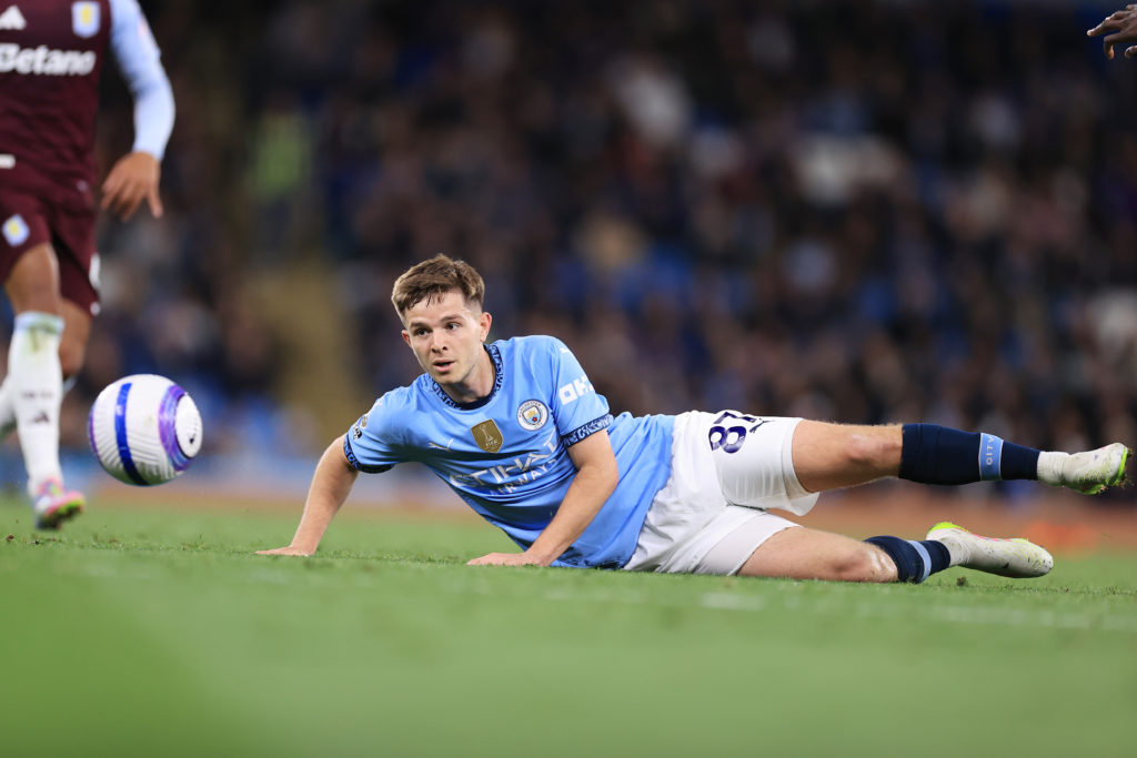 Manchester City midfielder James McAtee playing against Aston Villa in the Premier League.