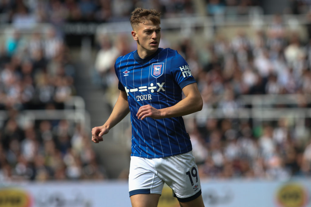 Liam Delap of Ipswich Town plays during the Premier League match between Newcastle United and Ipswich Town