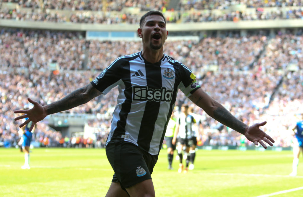 Bruno Guimaraes celebrates after scoring Newcastle United's winning goal against Chelsea.