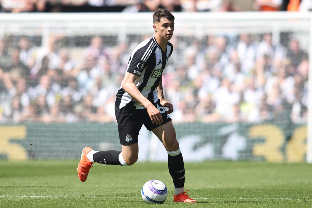 Lewis Miley plays during the game between Newcastle United and Chelsea at St James' Park.