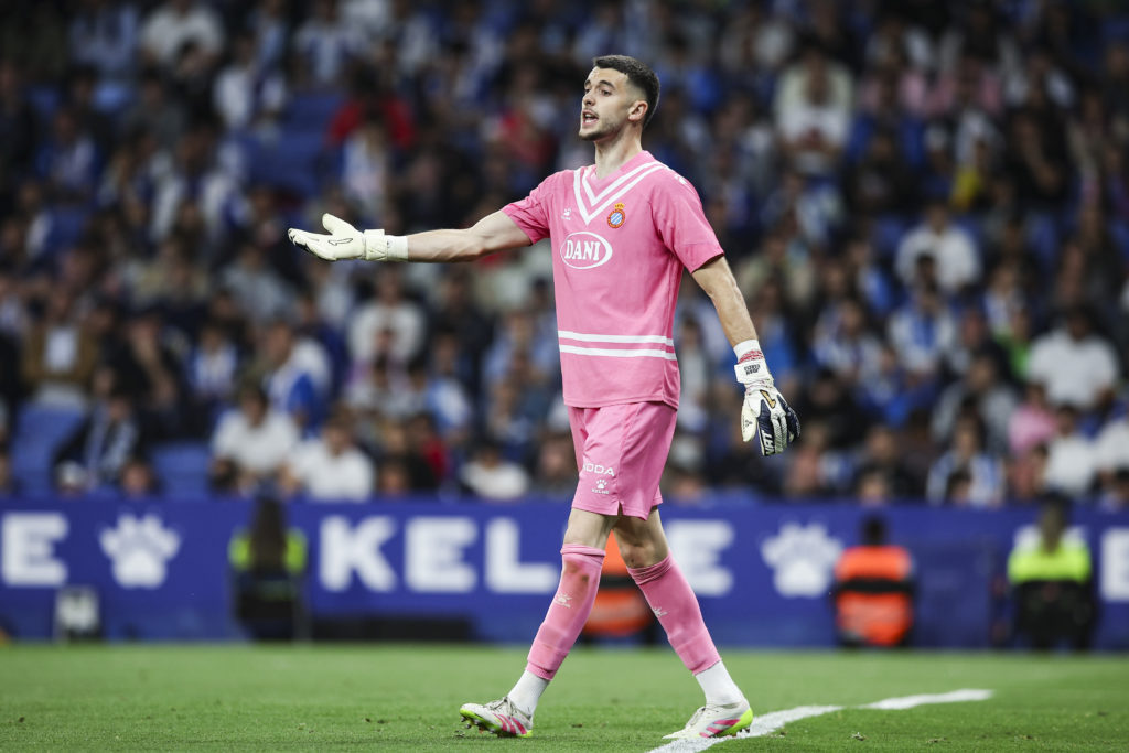 Espanyol goalkeeper Joan Garcia playing against Barcelona.