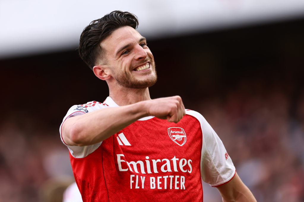 Declan Rice celebrates after scoring for Arsenal against Newcastle United in the Premier League.